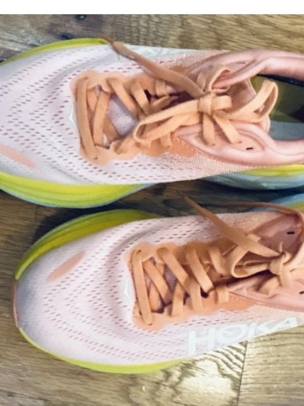 Hoka Women's Peach and Lime Running Shoes - Picture 2 of 5